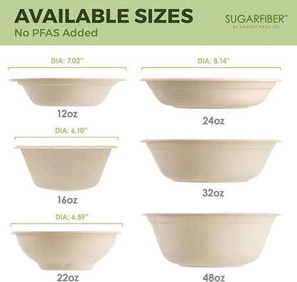 [50 COUNT]Sugarfiber by Harvest Pack PFAS FREE 24oz Round Paper Bowls - Compostable Heavy-Duty Eco-Friendly Disposable Bagasse Bowl sugarcane made plant fibers for Meal Prep