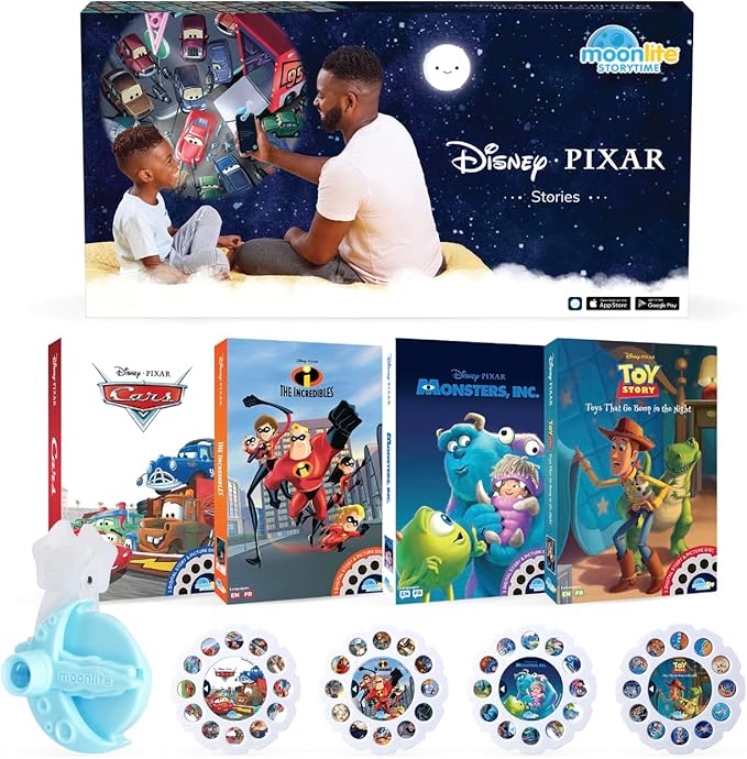 Moonlite Storytime Mini Projector with 4 Pixar Stories, A Magical Way to Read Together, Digital Storybooks, Fun Sound Effects - Toy Story, Cars, Incredibles, Monsters Inc - Gifts for Kids Age 1 and Up