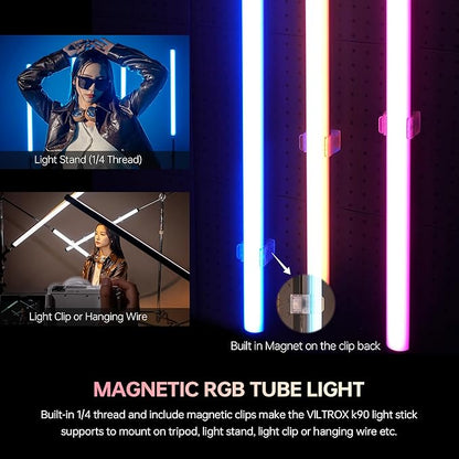 VILTROX K90 2 Pack RGB Tube Light, 30W 38inch Large RGBWY Photography LED Video Stick Light Wand with APP/2.4G/Remote Control, CRI 97+, 26 Scenes, 2500K-8500K, 14.8V/3300mAh Battery, Magnetic Chip