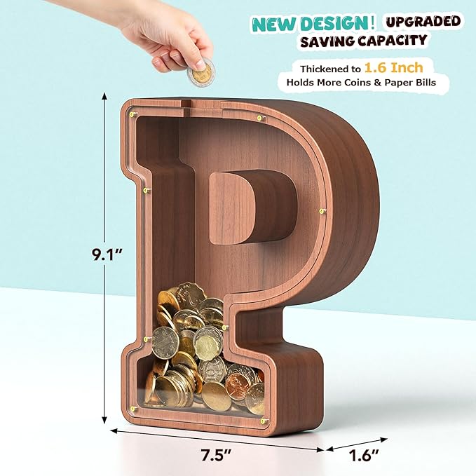 Summidate Wooden Letter Piggy Bank, Extra Thick Large Capacity Piggy Bank for Kids Boys Girls Toddler, Alphabet P Money Bank| Coin Box Birthday, Christmas, Festival