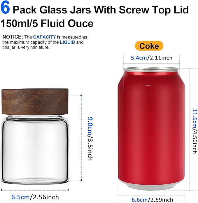Glass Spice jars Glass Jars with Screw Lid 5 oz, Food Storage Canister for Pantry Sugar Tea Coffee Bean Seasoning Nuts Cookies (6 * 150ml(5oz))