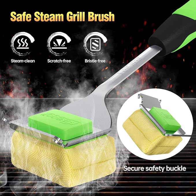 Grill Brush Bristle Free for Outdoor Grill, Steam Grill Cleaning Brush Replaceable BBQ Cleaner Brush Head,Extended Handle, Safe Grill Brush with Scraper for Cast Iron Stainless-Steel Grates,Green