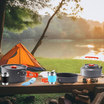 Soulchen 25 Pcs Camping Cookware Mess Kit Camping Pots and Pans Set with 2 Set Stainless Steel Cups Plates Forks Knives Spoons for Camping, Backpacking, Outdoor Cooking and Picnic