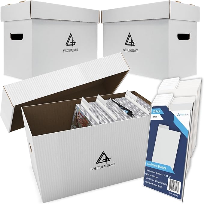 Bundle Set - Premium Short Comic Book Storage Box (3 Pack - White). Thick Cardboard Comic Book Box/Cabinet. Comics Books Bin for 150-175 Collectibles & White Comics Books Dividers (25 Pack)