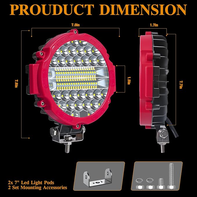 4 Pcs 201W Led Light, 7 Inch Round Led Light Bar Off Road Auxiliary Driving Lights Pod Lights for Vehicle Accessories Pickup Trucks Snowmobile RV ATV UTV, Red