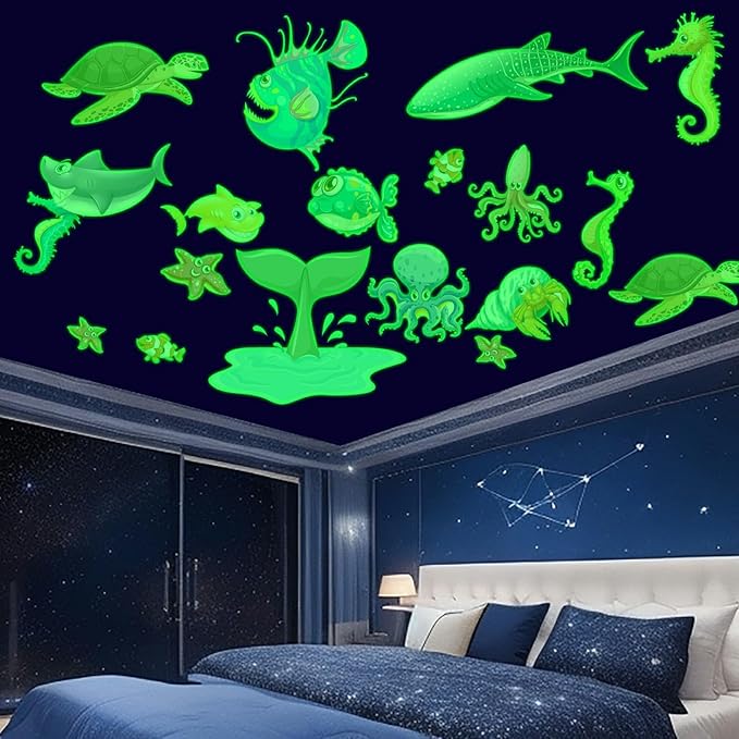 Glow in The Dark Ocean Fish Stickers, 36 PCS Glowing Luminous Sea Life Animals Wall Decals Under The Sea Ceiling Stickers for Kids Boys Girls Bedroom Nursery Playroom Party Room Decor
