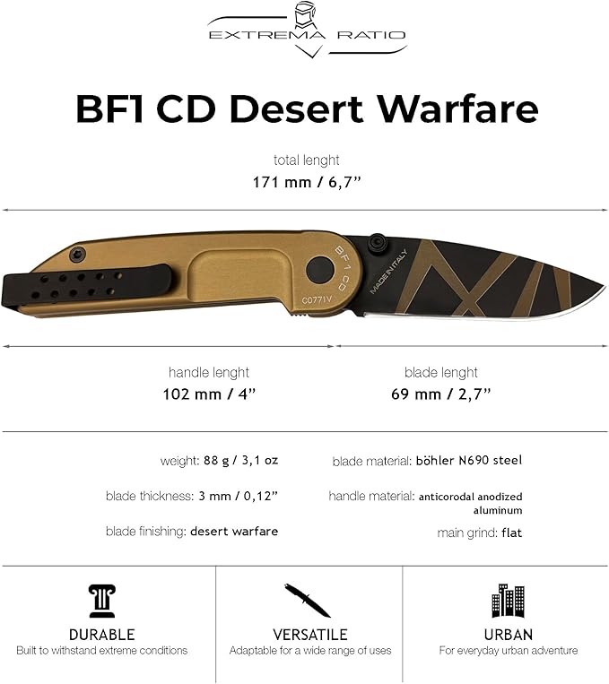 Extrema Ratio - BF1 CD (DESERT), Folding Knife, Böhler N690 steel hardened to 58 HRC, desert-colored stone burnished blade, smooth aluminum handle, reversible stainless steel clip, slim and compact design