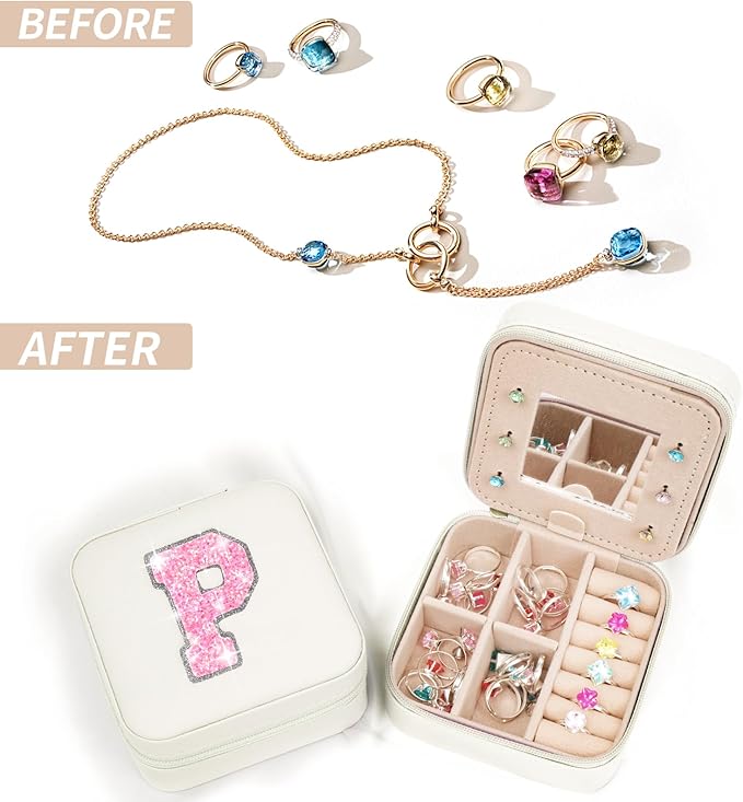 Travel Jewelry Case - Personalized Jewelry Box for Women,Small Jewelry Organizer Cute Jewelry Organizers and Storage Aesthetic,Travel Essentials Birthday Gifts for Girls Women | Cream,P