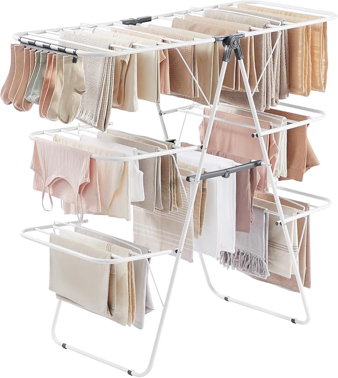 SONGMICS Clothes Drying Rack, Foldable 3-Level Laundry Rack, Free-Standing