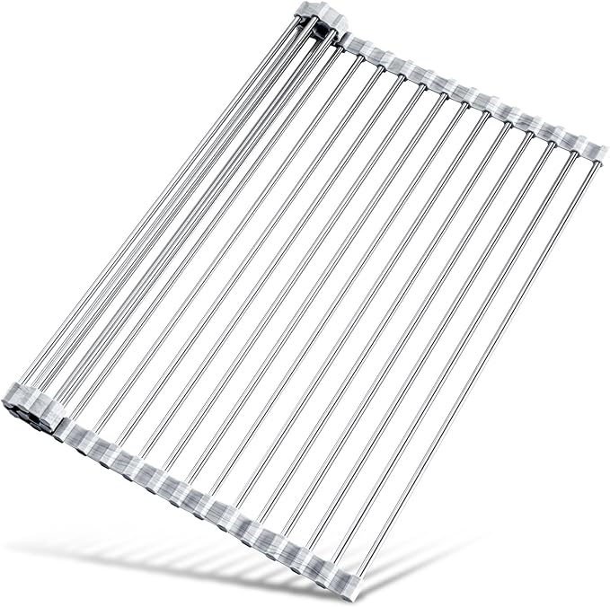 Tomorotec Stainless Steel Roll-Up Dish Drying Rack Marble Color Silicone Edges