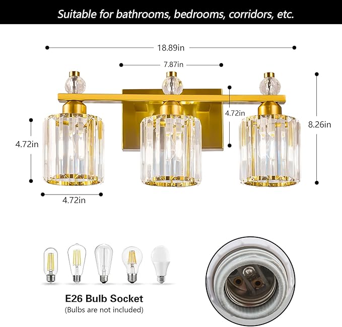 FDPBY Bathroom Vanity Lights 3-Light Gold Modern Crystal Vanity Light Fixtures