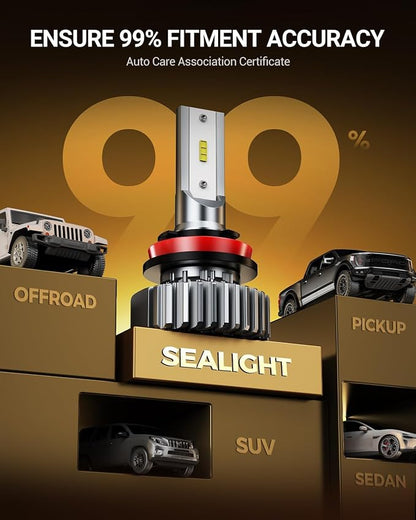 SEALIGHT 9005 H11 Light Bulbs, 64,000LM 6500K Brightness HB3 H8 Combo, Plug N Play 1:1 Size 10 Years Long Lifespan, IP68 Waterproof for Vehicle ATVs & Powersports, Pack of 4