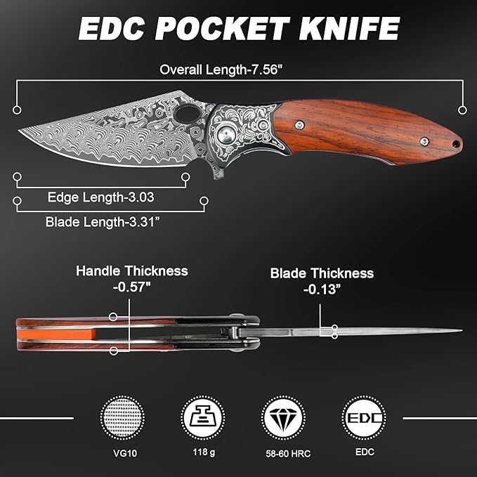 Damascus Pocket Knife, 3.3" Damascus Blade Wooden Handle EDC Pocket Knives & Folding Knives for Men Women