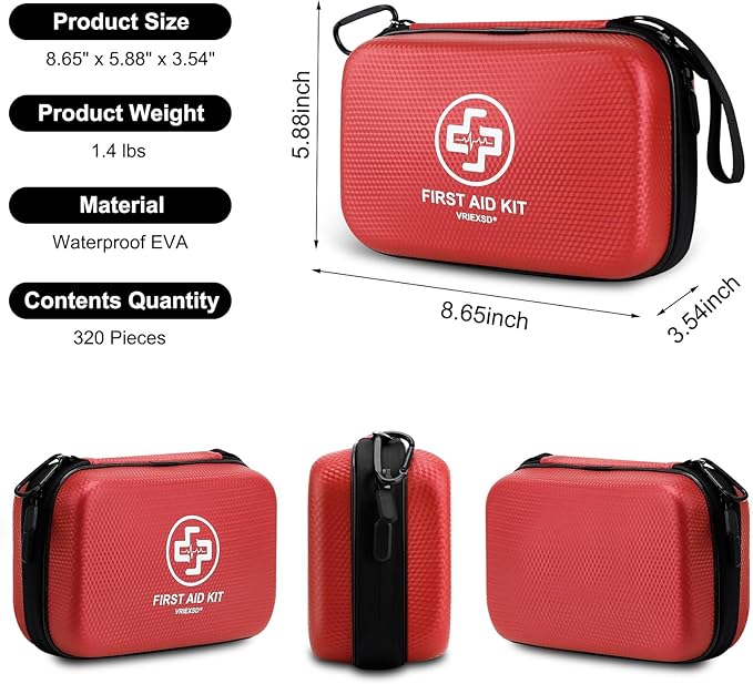 Premium First Aid Kit, 320 Piece Waterproof Hard Shell Eva First Aid Kit for Home, Camping, Cars, Hiking, Travel, Businesses & Outdoor Emergencies - Emergency Medical Kits (Red)