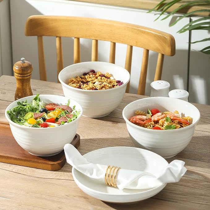 Hasense Soup Bowls, 40 Ounce Large Cereal Bowls for Kitchen, 7 Inch Ceramic Serving Dishes for Salad Pasta Oatmeal, Dishwasher and Microwave Safe, Clay-Infused White