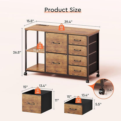 6 Drawer File Cabinet with Charging Station Rolling Printer Stand with Open