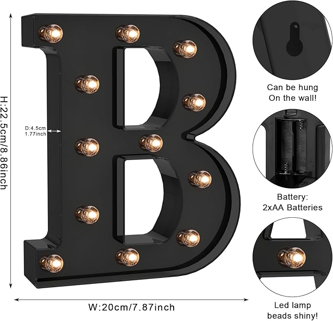Foaky Black LED Letter Lights for Room Decor - Bedroom Wall Decor, Alphabet Lights for Home, Wedding, Party - Battery Operated （B）
