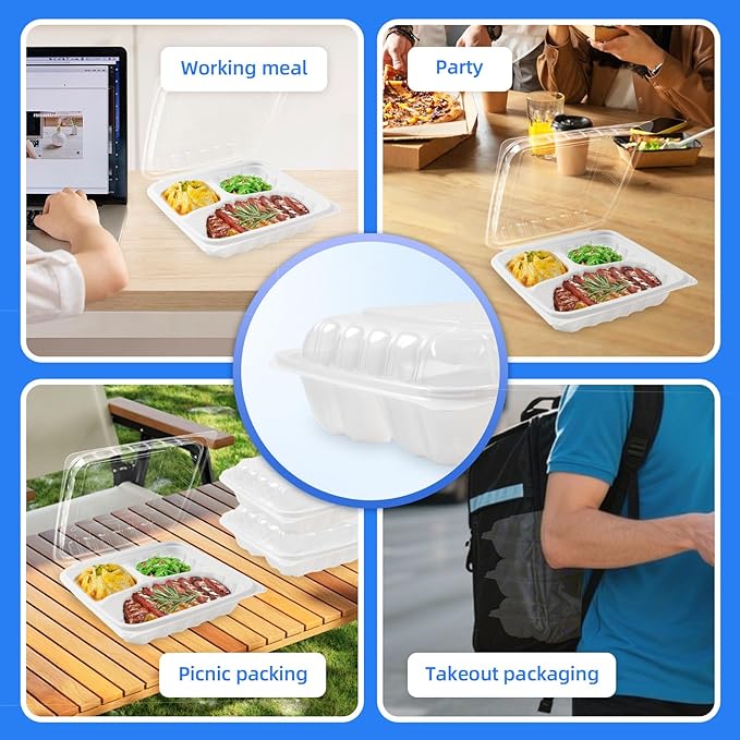 YANGRUI Plastic Containers 8" 34 oz 25 Pack - Reusable Fog Free Crystal Lid Technology | BPA Free PP Freezer & Microwave Safe Shrink-Sealed Takeout Box | White Restaurant 3 Compartment Food Container