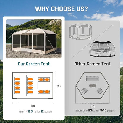 Screen House Tent 13x9ft Screen Room Mesh Gazebos w/ 2 Magnetic Doors, Included Projection Screen, Camping Tent Screened Canopy Shelter for Outdoor Patios Backyards Activities (Beige)