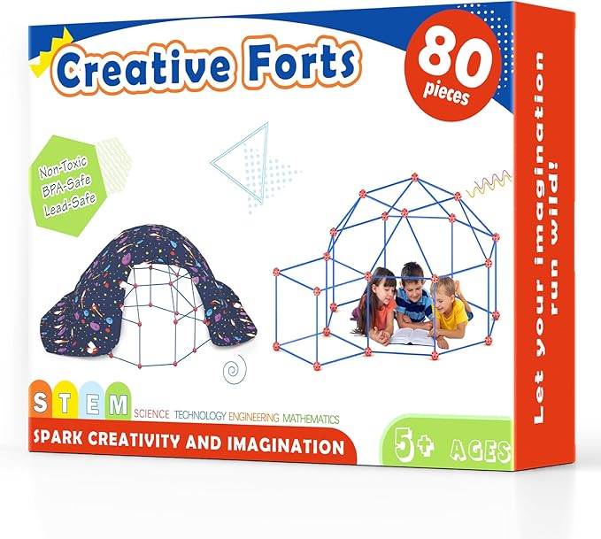 Tiny Land Kids-Fort-Building-Kit-80 Pieces-Creative Fort Toy for 5,6,7,8 Years Old Boy & Girls-STEM Building Toys DIY Castles Tunnels Play Tent Rocket Tower Indoor & Outdoor Playhouse