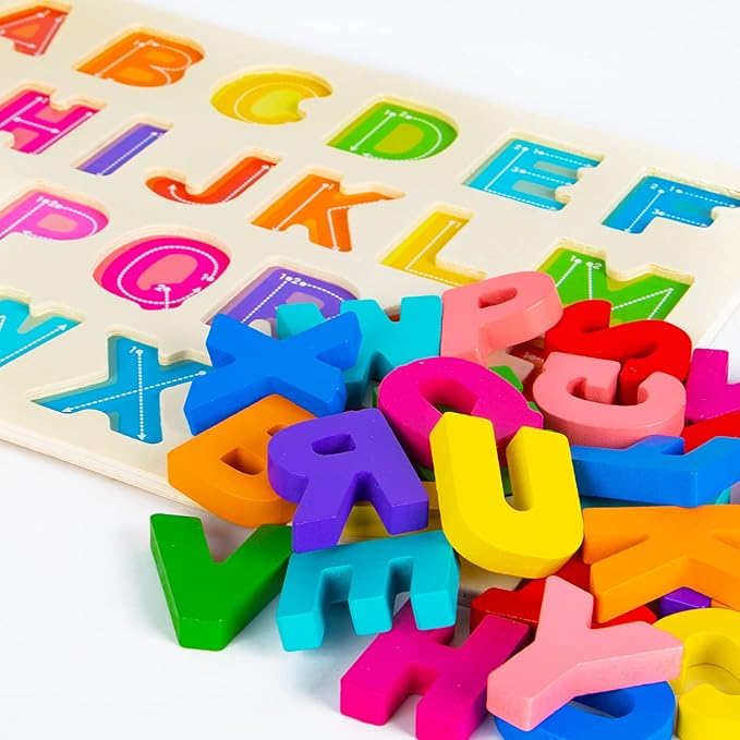Alphabet Puzzle Wooden Puzzles for Toddlers 3 4 5 Year Old, ABC Puzzle Shape Alphabet Learning Puzzles Toys with Puzzle Board & Letter Blocks, Preschool Educational for Girls Boys