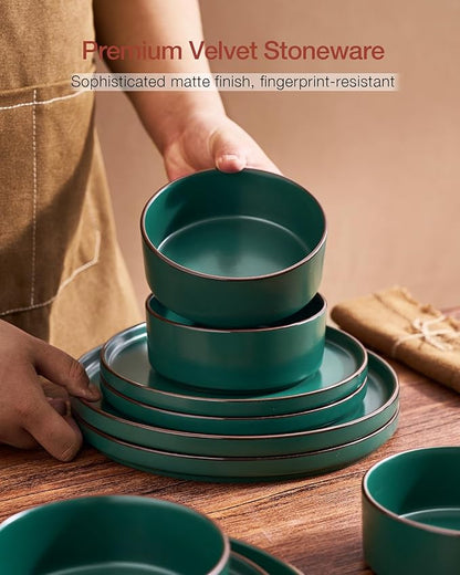 Famiware Nebula Ridge Stoneware Dinnerware Sets, Plates and Bowls Sets for 4, 12 Pieces Dishes Set, Microwave and Dishwasher Safe Kitchen Plates, Dark Green