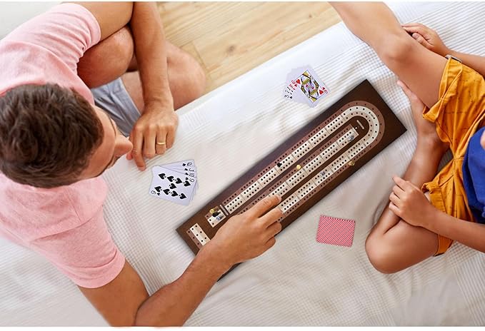 AMEROUS Wooden Cribbage Board Game Set with Magnetic Lock - Metal Pegs - 2 Playing Cards - Continuous 3 Track Board - Larger Storage Area, Travel Portable Cribbage Game Sets for Family