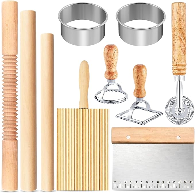 Pasta Making Tools, 1 Gnocchi Board, 1 Dough Cutter, 1 Ravioli Cutter, 2 Pasta