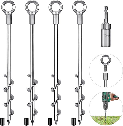 4 Pack Tent Stakes, 12 Inch Heavy Duty Ground Anchors, Fully Welded Spiral Earth Anchors for Camping Tents, Trampolines, Sheds, Swing Sets, Securing Animals