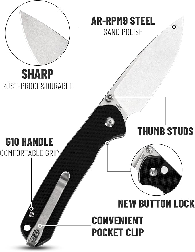 CJRB Folding Knife Pyrite (J1925) AR-RPM9 Blade and G10 Handle EDC Pocket Knife with Clip Black