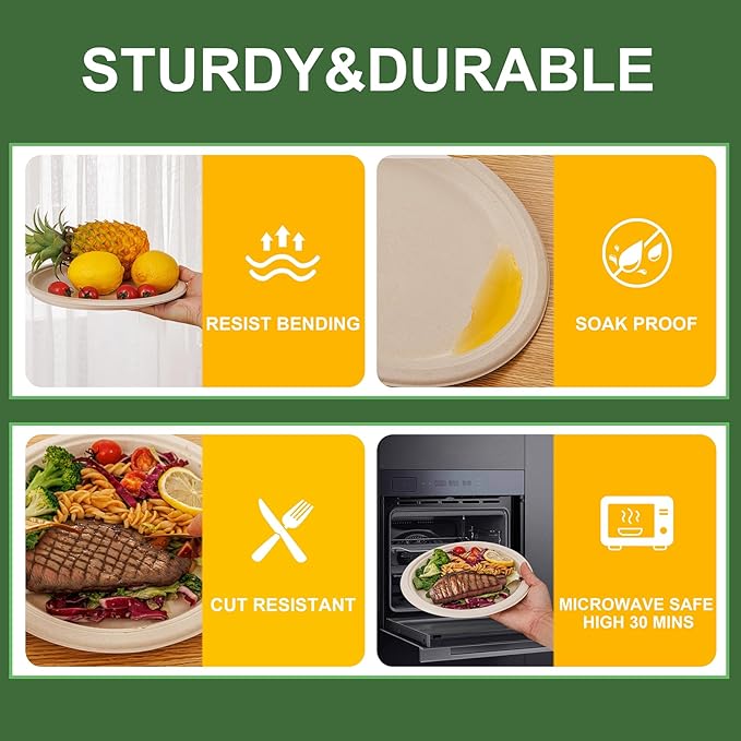 WELLIFE 100% Compostable Paper Plates 10 Inch, 125-Pack Heavy Duty Paper Plates Bulk,Biodegradable Bagasse,Eco-Friendly Disposable Dinner Plate for BBQ,Picnic,Party (BPI Certified,Microwaveable)