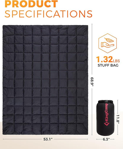 KingCamp Ultralight Camping Blanket, Packable Down Alternative Puffy Wearable Blankets Weatherproof Warm Package Quilt with Snap Buttons for Outdoor Hiking Travel Picnic Stadium (69"L x 53"W, Black)
