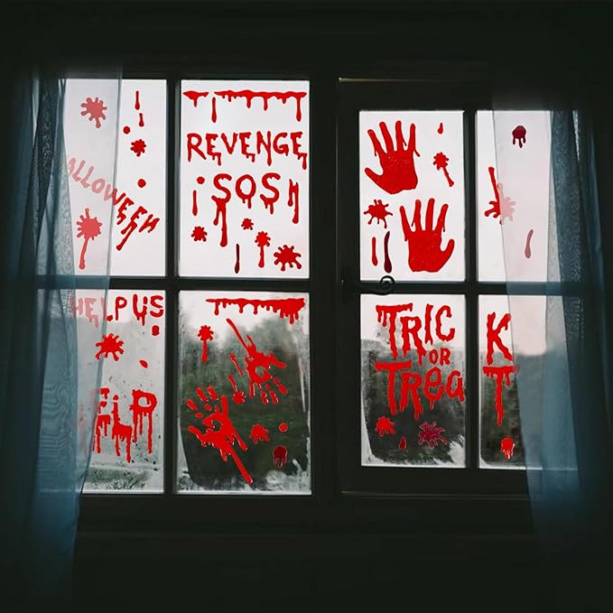 6 Sheets Halloween Window Clings Gel, Reusable Blood Window Clings Gel, Scary Decorations, Help Us, Revenge SOS, Trick or Treat, Bloody Halloween Decorations