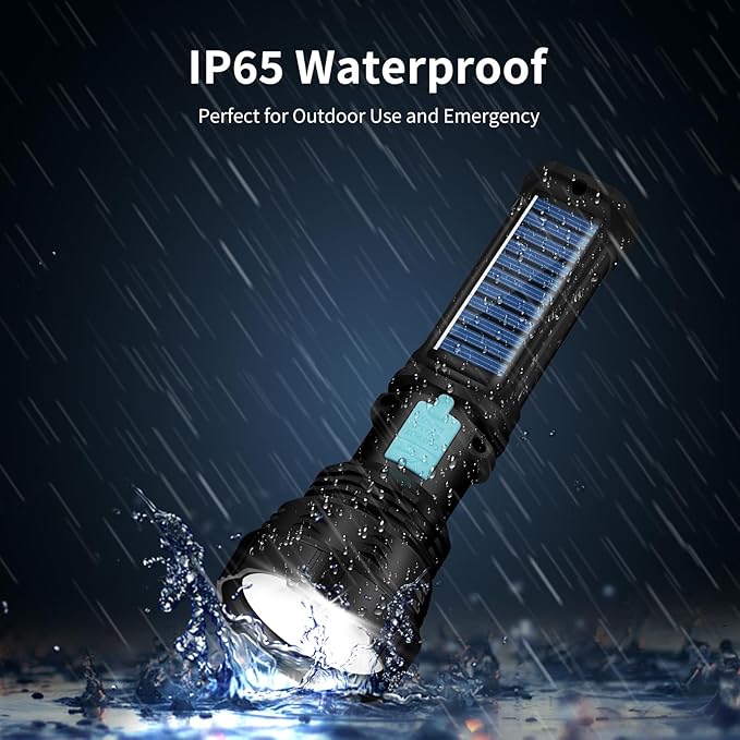 Led Solar Flashlight, 1500 Lumens Led Solar Handheld Rechargeable Flashlights with IP65 Waterproof, 2000mAh Battery for Survival Emergencies Camping (4 Pack)