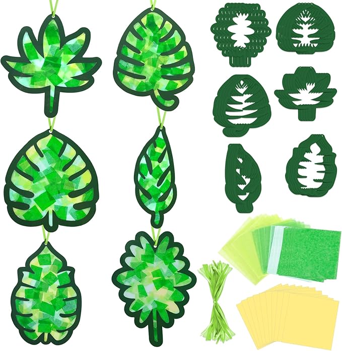 Qyeahkj 36 Set Summer Suncatchers Crafts for Kids DIY Hawaiian Palm Leaves Window Tissue Paper Crafts Kit Green Leaf Hanging Decor for Summer School Home Activity Art Project Birthday Party Favor Gift