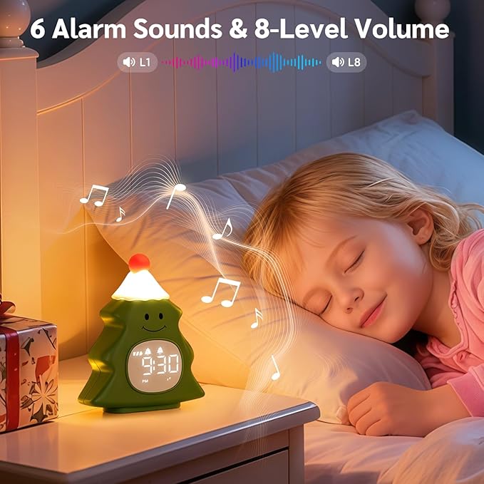 Yiliaw Kids Alarm Clock with Night Light, Christmas Tree Wake Up Clock, Rechargeable Cute Alarm Clock for Bedroom, for Boys and Girls, Green