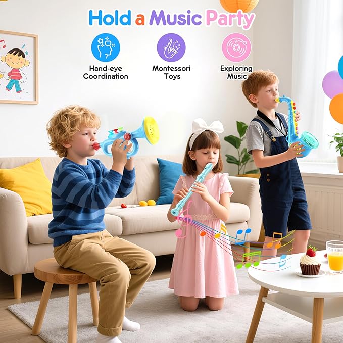 Set of 3 Toy Saxophone Kids Trumpet and Recorder Flute,Musical Instruments Set for Children,Teaching Songs Gifts with Light & Sound for Kids Ages 3-5 5-9, for Kid