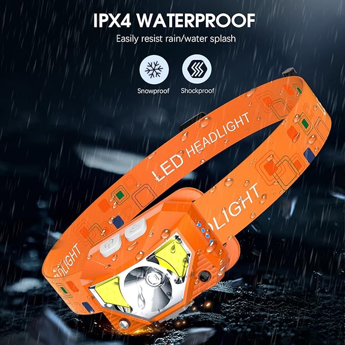 LHKNL Headlamp Flashlight, Lumen Ultra-Light Bright LED Rechargeable Headlight with White Red Light,2-Pack Waterproof Motion Sensor Head Lamp,8 Mode for Outdoor Camping Running Fishing- Orange