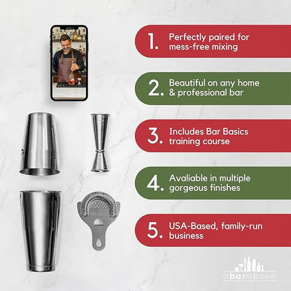 A Bar Above 4-Piece Cocktail Shaker Set, for Professional and Home Bar, Premium Bar Kit Gifts, Includes Strainer, Jigger, Shaker Set, and 4-Hour Cocktail Course