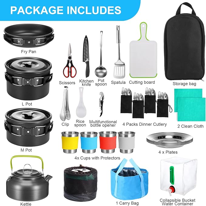 Gejoy 42 Pcs Camping Cookware Mess Kit, Non Stick Lightweight Pots Pan Kettle, Collapsible Water Container and Bucket, Stainless Steel Cups Plates Forks Knives Spoons for Outdoor Backpacking Picnic