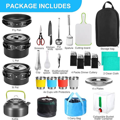 Gejoy 42 Pcs Camping Cookware Mess Kit, Non Stick Lightweight Pots Pan Kettle, Collapsible Water Container and Bucket, Stainless Steel Cups Plates Forks Knives Spoons for Outdoor Backpacking Picnic