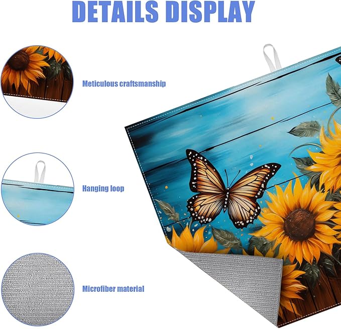 Sunflower Butterfly On Wooden Board Dish Drying Mat