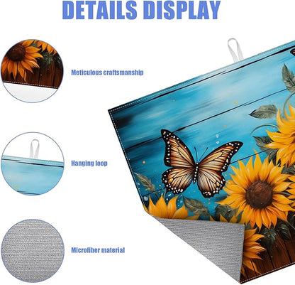 Sunflower Butterfly On Wooden Board Dish Drying Mat