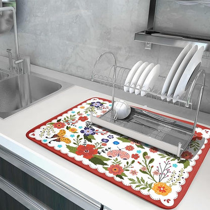 Large Microfiber Dish Drying Mat Red Floral Absorbent Drying Pad