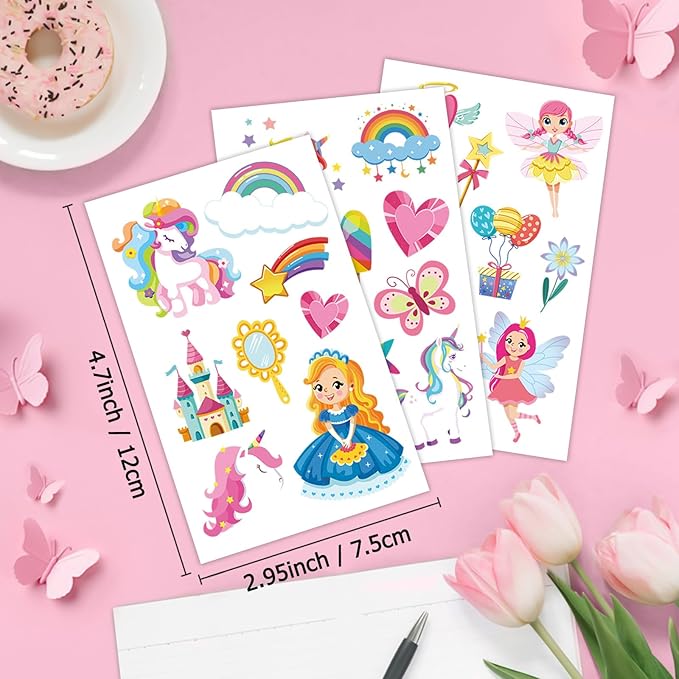 Unicorn Princess Temporary Tattoo for Kids, 270+ Pcs Rainbow Crown Unicorn Fake Tattoos for Girls’ Party Supplies Kids' Birthday Favor, 36 Sheets Waterproof Tattoos for 5 6 7 8 9 Years Old Girls