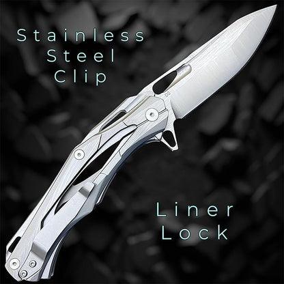 TACTICAL GEARZ Stainless Steel Pocket Knife, Brushed Nickel Stainless Steel Handle, D2 Steel Blade, Includes Sheath (Kronus)