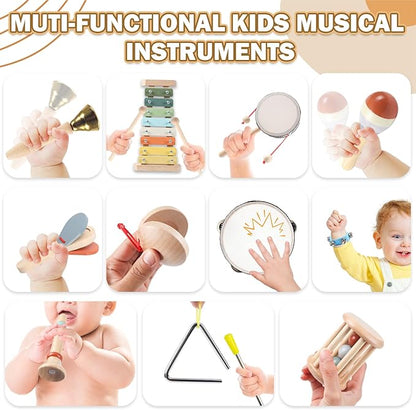 11 in 1 Baby Musical Instruments-Montessori Wooden Toys for Toddlers 1-3, Neutral Colors Percussion Instruments with Modern Boho Xylophone for Kids Preschool Educational 3+ with Storage Bag