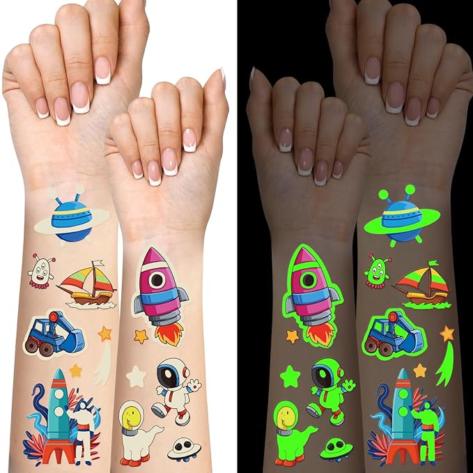 Temporary Tattoo for Kids, Space and Vehicle Glow In Dark Tattoos, 250+ Patterns Luminous Fake Tattoo Sticker，Planet Astronaut Spaceship Alien Plane Car 36 Sheets Long Lasting Tattoo for Party Supply