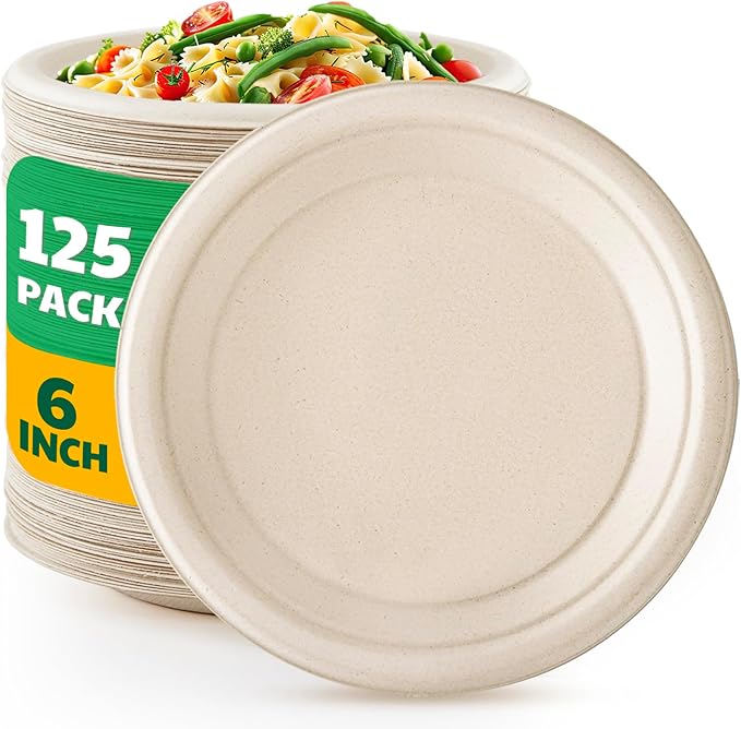 125 Count Compostable Paper Plates, 6 Inch Heavy Duty Disposable Plates by Biodegradable Bagasse, Dessert Plates Bulk for Party | Microwave-Safe | Soak-Resistant, Cut Resistant