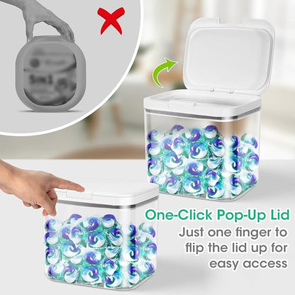 2 Pack Laundry Pods Container with One-Click Pop-up Lid, 95 oz + 68 oz Laundry Room Detergent Storage Container for Laundry Powder, Scent Booster, Dryer Sheet, Dryer Ball, Dishwasher Pod Holder